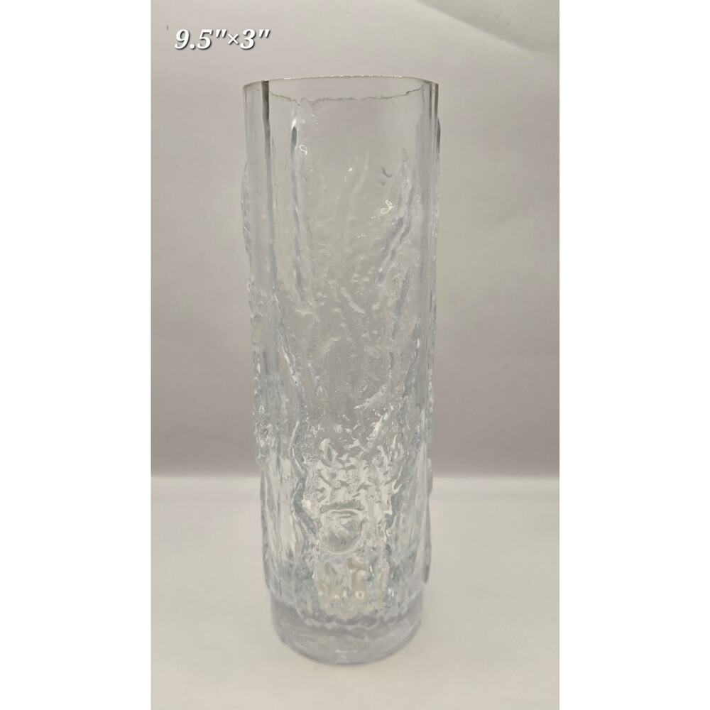 Vintage Ice Glass Vase Tall Clear Textured Bark Mid Century Modern Scandinavian‎